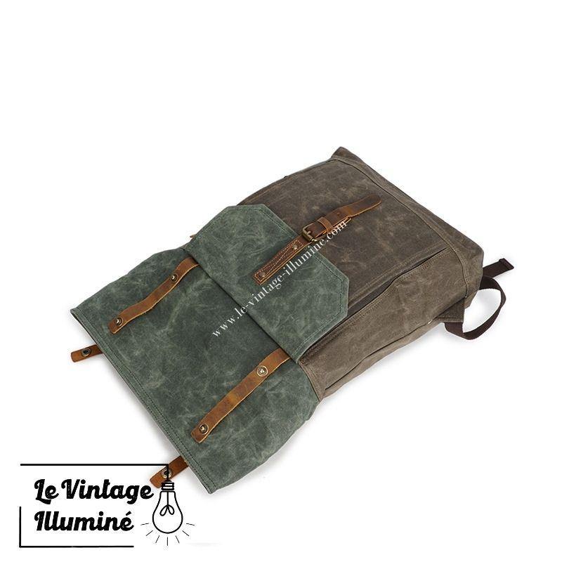 Sac à dos toile verte fort y cuir - Artesanía Ramírez Ruiz Sac à dos toile verte fort y cuir - Artesanía Ramírez Ruiz