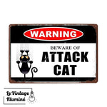 Plaque Métal Vintage Warning Cat Attack - Le Vintage Illuminé