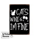 Plaque Métal Vintage Cats Wine I'm Fine - Le Vintage Illuminé