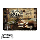 Plaque Métal Vintage Route 66 Drive Eat Voiture Ancienne - Le Vintage Illuminé