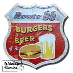 Plaque Métal Route 66 Burgers & Beer 30x30cm - Le Vintage Illuminé