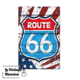 Plaque Métal Vintage Route 66 Drapeau Américain en Fond - Le Vintage Illuminé