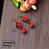 Boucles d'Oreilles Vintage Roses Rouges -
